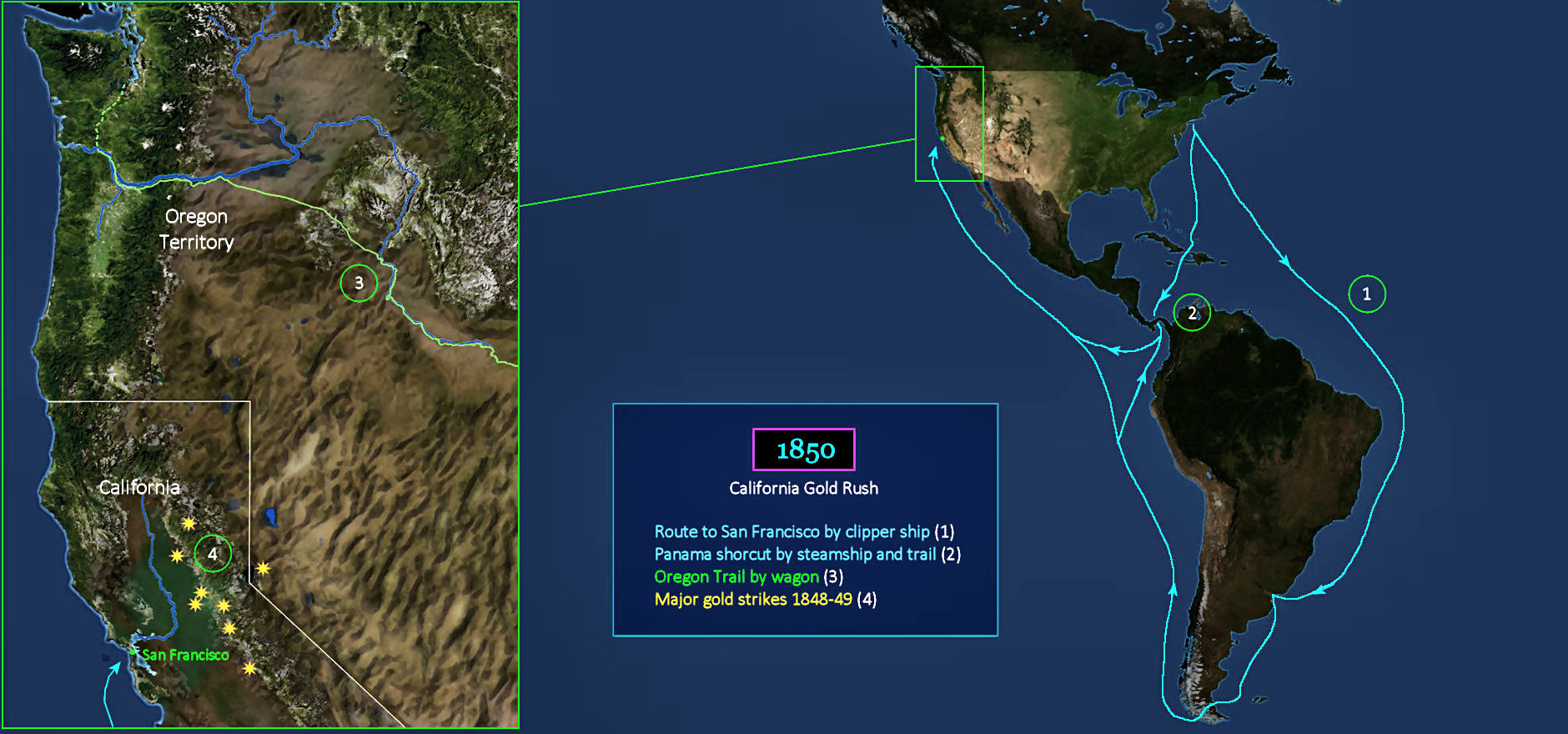 California Gold Rush routes, 1850 map